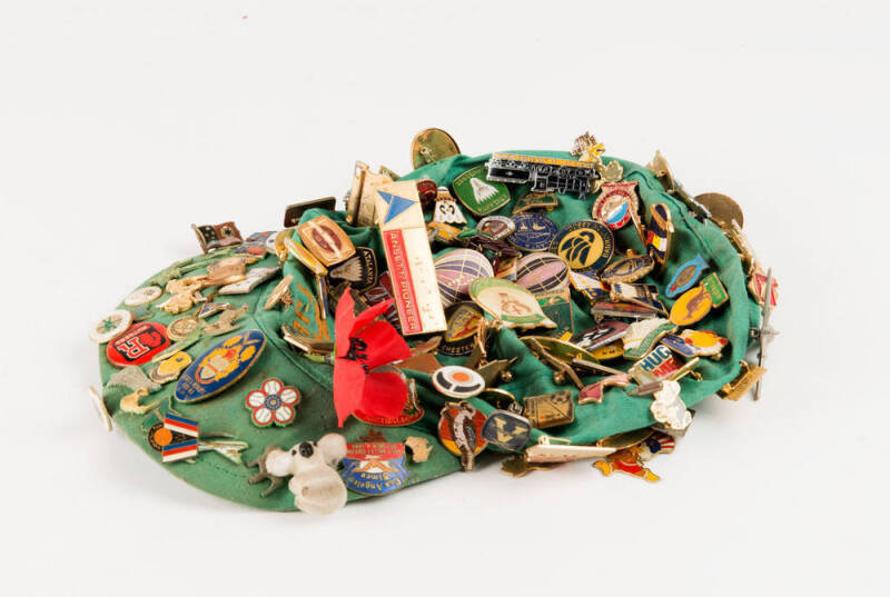 Cap with approx. 100 enamel and other badges incl. sporting clubs; Plus 3 beer trays, 'Courage', 'Foster's Lager' and 'Swan Lager'. 