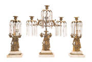 GUIRANDOLE: 3 Piece American gilt metal, marble and crystal figured candelabra set depicting Aladdin, c1850's. Tallest 50cm