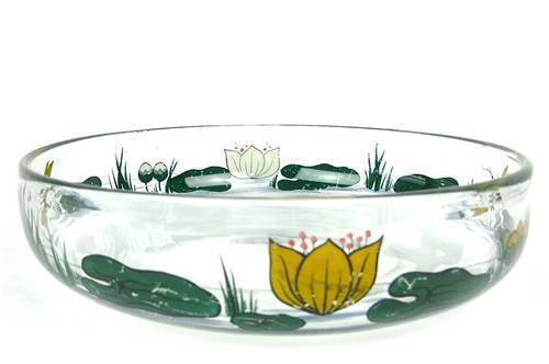 A large enameled clear glass float bowl, French, c1900. Signed E Vallee, etched studio mark to base and painted signature to the side. Diameter 31cm