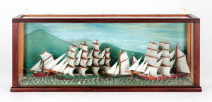 A Victorian painted diorama, English 19th century; &nbsp;four ships under sail under glass; 27cm high, 57cm wide.