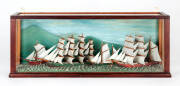 A Victorian painted diorama, English 19th century; &nbsp;four ships under sail under glass; 27cm high, 57cm wide.