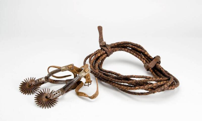 Pair of Chilean antique riding spurs; plus a woven leather rope. (3 items)
