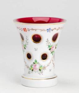Bohemian ruby glass overlay vase with floral enamel decoration, c1860s. 11.5cm
