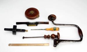 CARPENTERS TOOLS: A fine group of mainly 19th century hand tools in overall very good condition; saws (3); bit & brace (3); hand drill; spoke shaves & skivers (4); plus a collection of tape measures, squares, rulers, chisel etc. (24 items)