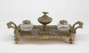 Antique gilt metal desk set with 2 ink pots. Height 14cm, width 37cm, depth 20cm