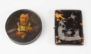 CIGARETTE CASE: Tortoise shell inlaid with silver, 19th century; plus a hand painted Georgian snuff box. (2 items)