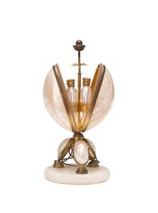 Perfume bottles: Pearl shell & gilt metal on alabaster base. 21cm