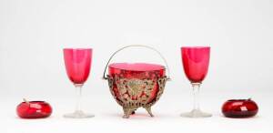 RUBY GLASS: Pair of salt cellars; pair of wine glasses; bon bon dish with metal mounts. 19th century. Various sizes.
