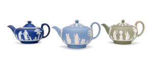 WEDGWOOD jasper ware teapots, group of 3 in green & blue.&nbsp;