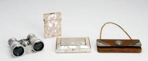 Antique French enamel opera glasses; sterling silver mounted purse; two 19th century mother of pearl card cases. (4 items)