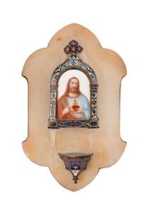 Religious wall font with hand-painted portrait of Christ on porcelain panel in enamel frame mounted on alabaster, Italian 19th century. 24 x 15cm