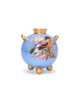 ROYAL WORCESTER: Spherical porcelain vase with hand-painted bird motif. 9.5cm &nbsp;
