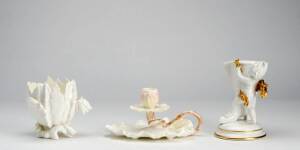 MOORE BROTHERS: Water Lilly porcelain candle holder; cactus floral vase & Limoges figured vase. 9cm, 11cm & 15cm. (3 items)