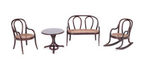Suite of miniature bentwood furniture comprising a settee, 4 armchairs, table & rocking chair. Most likely Austrian, early 20th century. Chair height 30cm
