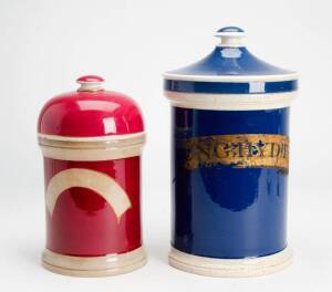 Assorted apothecary jars, dispensing bottles, beakers, etc including 19th century J. S. Abraham of Sydney advertising ceramic pot lid. Varying sizes (24 items).&nbsp;