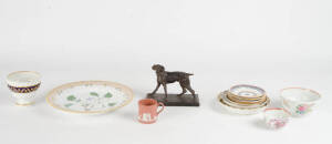 Remains of collection including porcelain dishes, bronze dog statue, ruby glass beaker, tea ware, Chinese soap stone ornament, Danish porcelain plate. Varying sizes. ( 17 items)