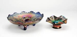 Carnival glass cobalt "chrysanthemum & windmill" fruit bowl on 3 feet (9cm x 27cm); plus a berry patterned cobalt bowl (7cm x 15cm)&nbsp;