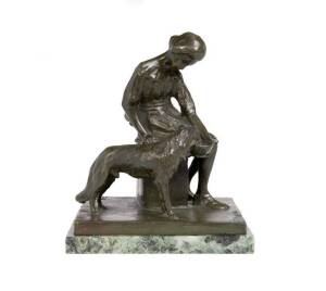 Art Deco bronze statue of a girl & a dog by POGLIANI on a green marble base, c1920s. 24cm