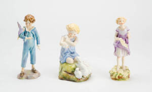 ROYAL WORCESTER: Group of 3 porcelain figures by F.G.Doughty, "The First Cuckoo", "My Favorite", & "Parakeet". 13cm to 16cm