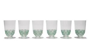 LALIQUE: Set of 6 fish patterned glasses signed R.Lalique, c1930s. Height 6.5cm each