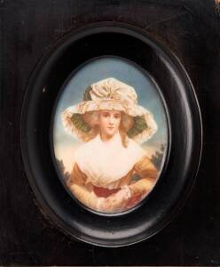 MINIATURES: Two miniature portraits of ladies in ebonized wooden frames. 14 x 12cm each approx.