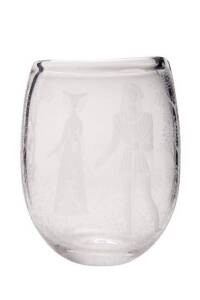 VICKE LINDSTRAND for Kosta: clear art glass vase with etched medieval figures in woodland landscape. c1960. Height 31cm, width 24cm