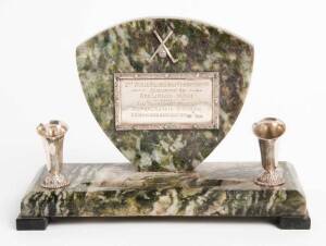 DESK SET TROPHY, marble & Irish silver with plaque engraved "2nd World Airlines Golf Championship, Sponsored by Aer Lingus - Irish and Air Transport World. Australia & Asia Winners V.S.Howard & D.M.Johnson". Height 15.5cm, width 23cm, depth 9.5cm