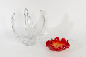 French crystal vase (27cm) & a Murano ruby glass dish (diameter 17cm).