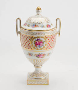 French porcelain lidded urn with hand painted floral sprays & gilded highlights, 20th century. 28cm
