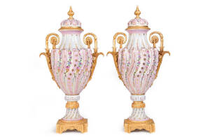 SEVRES: Pair of monumental pink porcelain lidded mantle vases with ormolu mounts, 20th century. 82cm