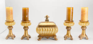 Set of decorative candle sticks & a casket in the French style. (5 items)