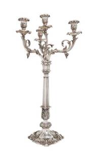 Elkington silver plated candelabra c1850 with four branches. Engraved with the Wyndham family crest of Wyndham Wines fame. 71cm.