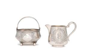 RUSSIAN SILVER: Milk jug by Serges Agafanov (Moscow late 19th century) & sugar bowl by V. Akimov c1890. (2 items).