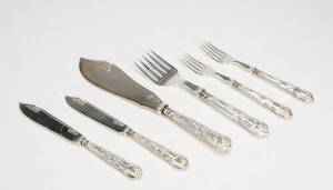 FISH CUTLERY: English sterling silver Queens pattern setting for 12 with servers, Sheffield 20th century. 26 pieces