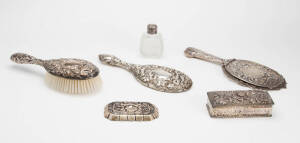 VANITY WARE: Sterling silver brush, 2 x mirrors, pin tray, crystal bottle & jewel box. Varying sizes. (6 items)