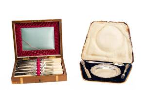 Silver plated fish cutlery in box with ivory handles, early 20th century. Plus sterling silver boxed place setting for one comprising a dish, knife, fork & spoon, 19th century.