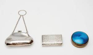 Sterling silver vesta by Colen Cheshire of Birmingham c1880; plus sterling silver purse & a butterfly wing box. (3 items)