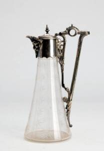CLARET JUG: English 19th century cut crystal & silver plate. 26.5cm