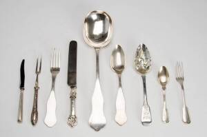 FLATWARE: Assorted Continental silver cutlery & servers; plus 2 antique English sterling silver berry spoons. 1.4kg (not including fish cutlery), 63 pieces total