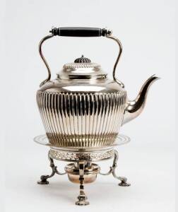 Silver plated spirit kettle on stand with burner. 30cm