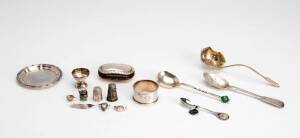 Various silver items including thimbles (2); napkin ring; spoons (3); ladle; brooch; miniature dolls house tea ware (6); mother of pearl purse. (15 items)