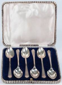 Boxed set of 6 tea spoons, each one emblazoned with crossed golf clubs & ball. Made by Walker & Hall of Sheffield c1933. VG condition.