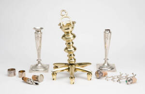 Various: Group of Silver, brass ware & silver plated ware. Noted brass hanging lamp, pair of Continental silver candle sticks, knife rests, napkin rings, decanter stoppers etc. (17 items)