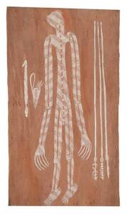 Djawari Nadjonorle, Mimih and hunting tools, circa 1970. Natural earth pigments on bark. 76 x 41.5 cm