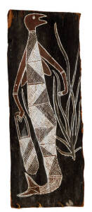 Bark painting, Northern Territory Arnhemland origin with remains of paper label verso. 22 x 60cm.