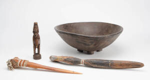 A Bowl and Three Carvings,&nbsp;Admiralty Islands; Papua New Guinea (mid 20th century), carved wood and natural pigments, 13 x 35cm; 45cm; 35cm; 18.5cm long (4 items)