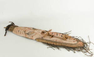 Papua New Guinea highlands mask, carved wood, natural hair & fibre with ochre finish & shell decoration, c1950s. 104cm