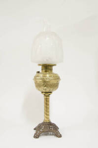 BANQUET LAMP: cast iron base with brass font and etched glass shade, 64cm.