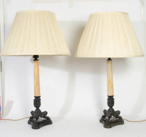 Pair of French bronze & hardstone table lamps with shades with claw feet, early 20th century. Base 65cm