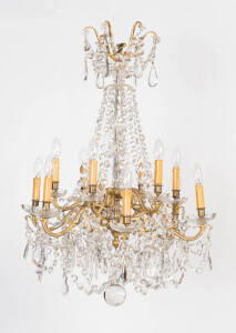 CHANDELIER: An impressive 12 branch gilt metal, crystal & glass hanging light, early 20th century. Height 105cm, width 70cm
